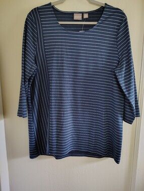 Chicos Blue Striped Tunic Top Large 2 NWT Casual Nautical Flowy Classic Popover